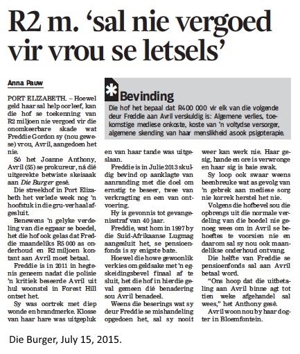 Article about Avril: Die Burger Jul 15 2015