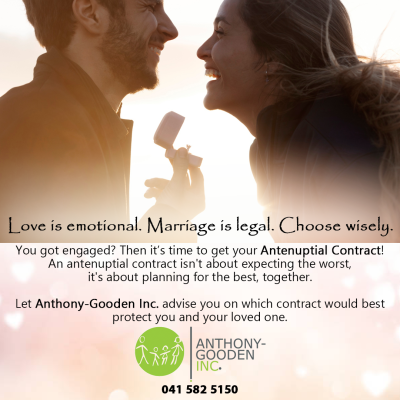 Wedding rings and a legal document representing an Antenuptial Contract in South Africa.